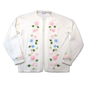 Vtg Glen Lea Embroidered Cardigan XL White Open Front Floral Cottage Grandma